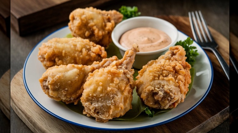 Plate of Rocky Mountain oysters with dipping sauce