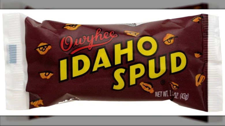 Close-up of Idaho Spud Bar candy bar in iconic brown wrapper