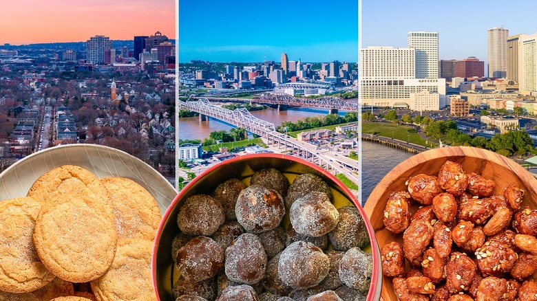 Composite image of snickerdoodles, bourbon balls, and cityscapes in background