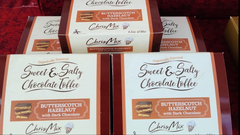 Boxes of ChrisMix brand Toffee Butterscotch Hazelnut Flavor