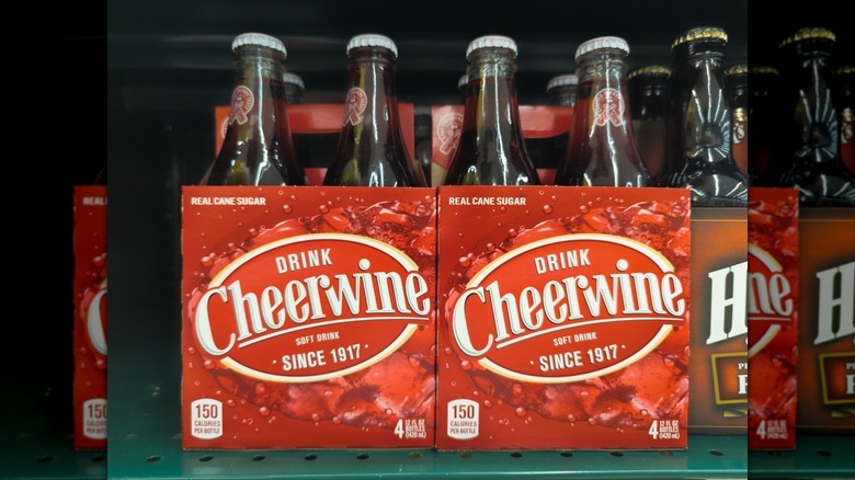 Boxed Glass bottles of Cheerwine on store shelves