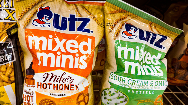 UTZ Mixed Minis Sour Cream Mikes Hot Honey Chips Pretzel Snack Party Mix Products on Shelf at Store