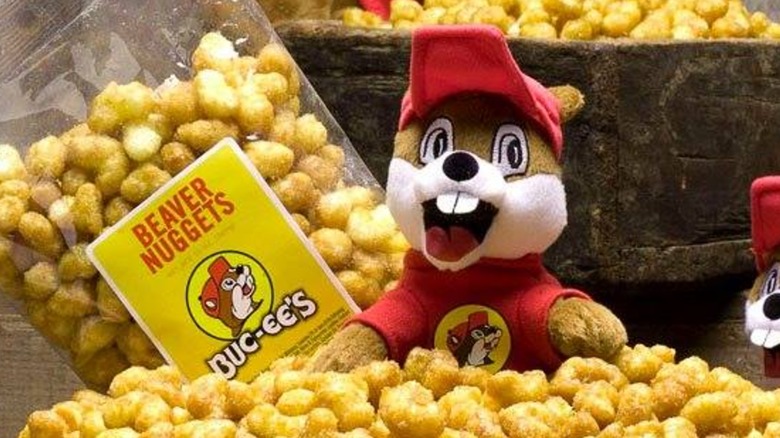 Buc-ee's Beaver Nuggets with Buc-ee's Beaver mascot