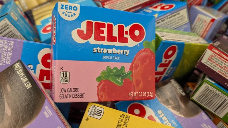 Boxes of Packages of Jel- O Powder Gelatin Products on Shelf