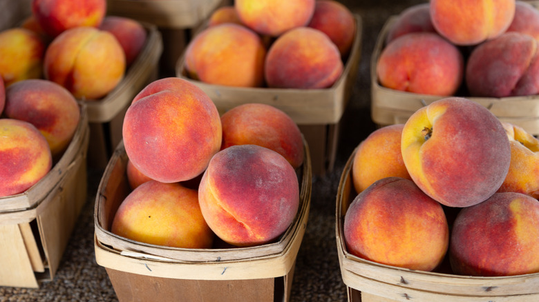 Fresh peaches in baskets at farmers market