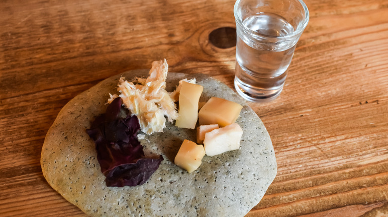 Shark fish set with vodka traditional in Iceland