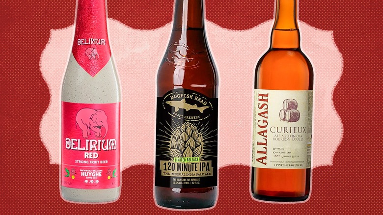 A bottle of Delirium Red, Dogfish Head 120 Minute IPA and Allagash Curieux on a pink and red background.