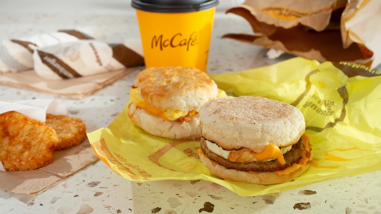 McDonald's Breakfast with coffee and sausage and biscuit
