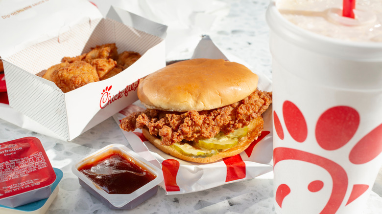 chick-fil-a food on white table with drink