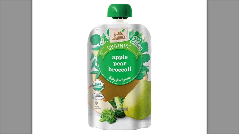 pouch of apple pear broccoli puree with green lid