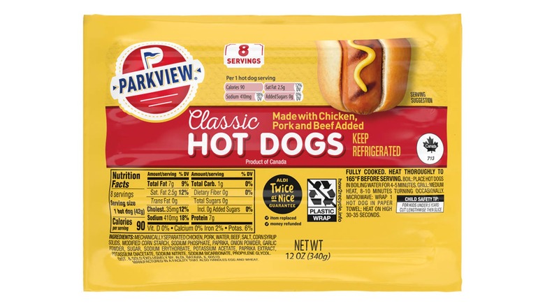 yellow package of Parkview classic hot dogs