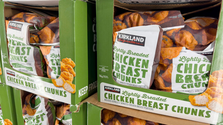 kirkland signature chicken breast chunks in bag on shelf