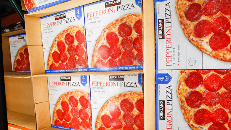 Kirkland signature pepperoni pizza in box on shelf