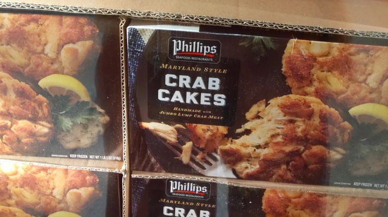 box of crab cakes in case