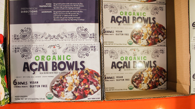 Organic Acai bowls in box on shelf