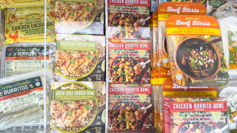 Various frozen meals in freezer at Trader Joe's