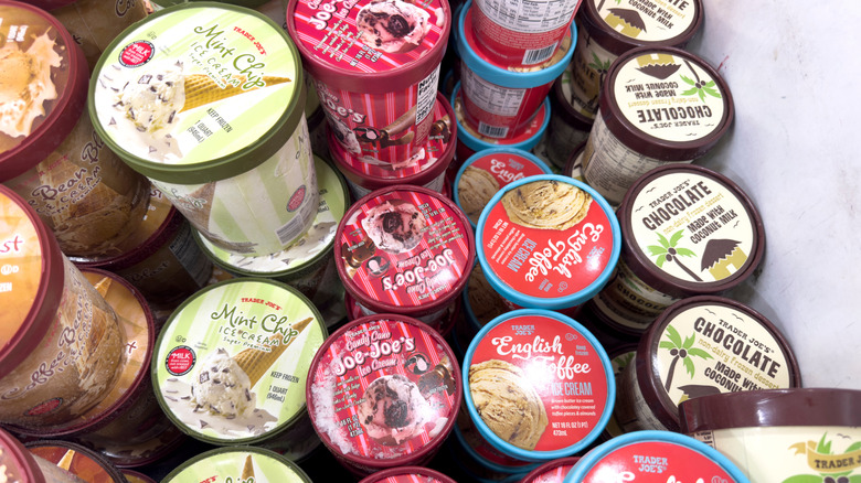 Various quarts of ice cream in freezer at Trader Joe's