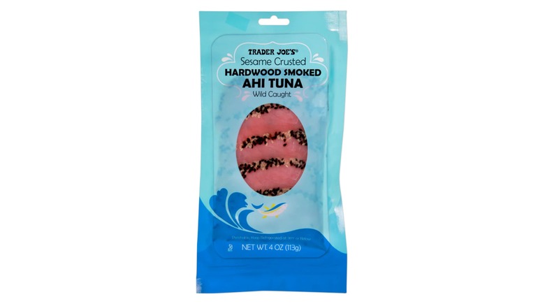 Blue package of Trader Joe's smoked ahi tuna