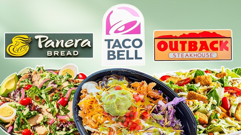Panera, Taco Bell, Outback logos and salads