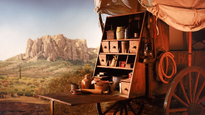 A cooking space styled after an Old West covered wagon.