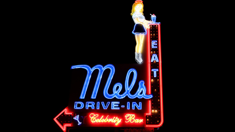Mel's Drive-In sign with neon lights
