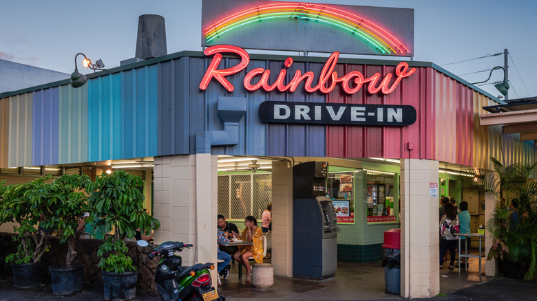 Rainbow Drive-In exterior with rainbow colored sign