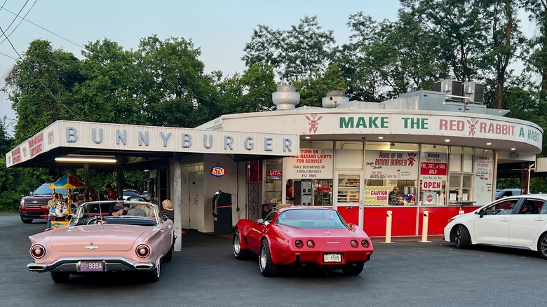 Exterior of Red Rabbit Drive-In with vintage cars in parking lot