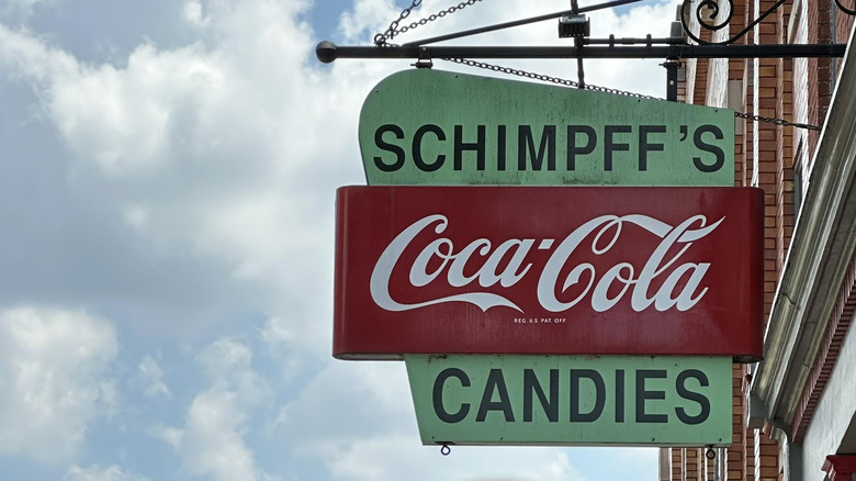 Schimpff's Confectionery sign outside store on sunny day