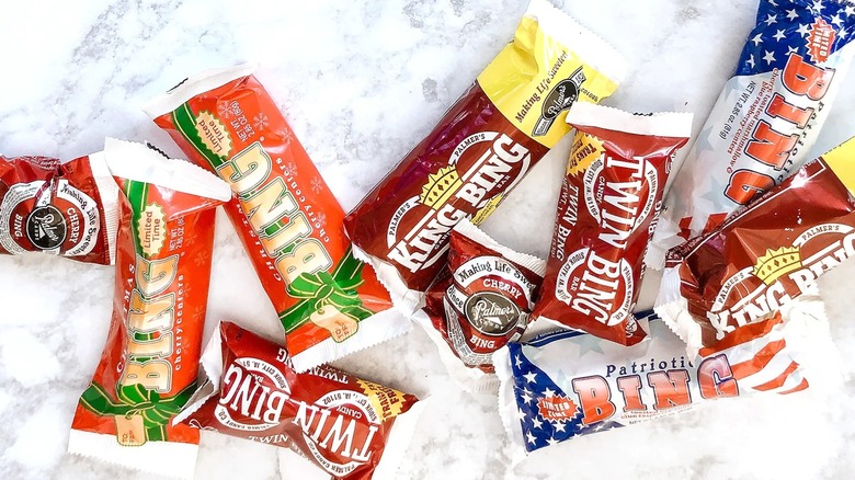 Variety of Bing candy bars on marbled countertop