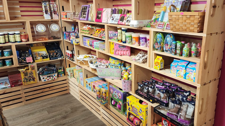 Wooden shelving with candy at Middlebury Sweets