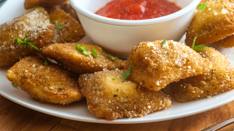 Closeup of toasted ravioli