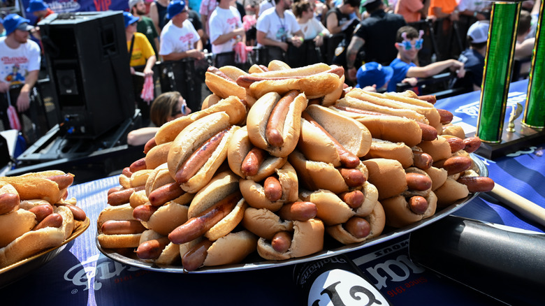 Platter of Nathan's Famous hot dogs on display at an eating competition