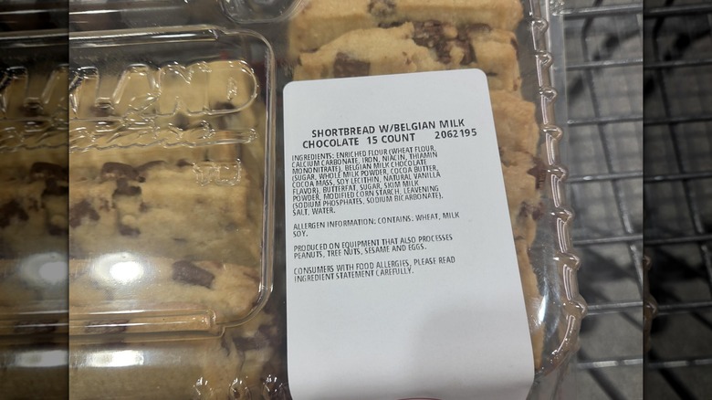 A box of Kirkland Signature Shortbread with Belgian Milk Chocolate cookies from Costco.