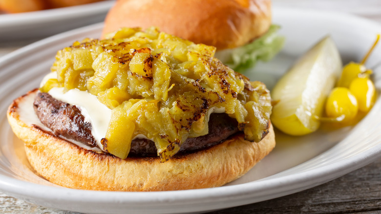 New Mexico-style cheeseburger topped with Hatch chiles