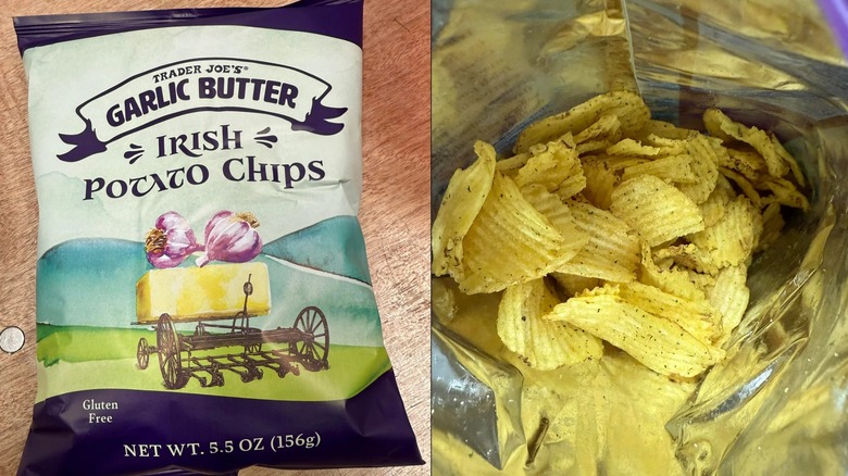 L: A bag of Trader Joe's Garlic Butter Irish Potato Chips R: The inside of a bag of garlic butter potato chips