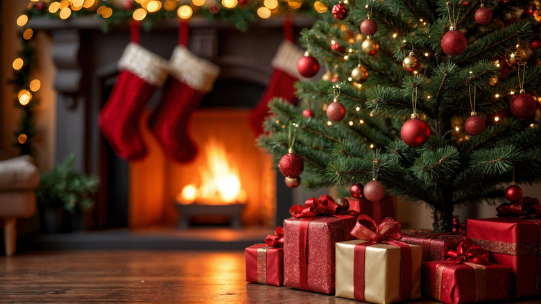 Christmas presents and stockings near a fireplace
