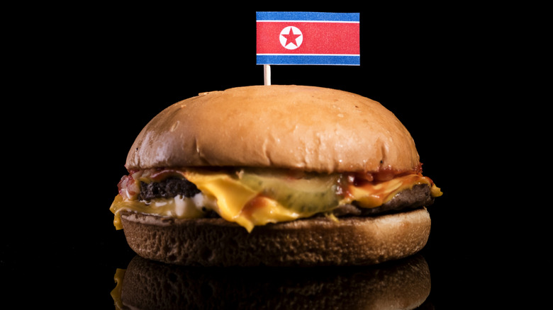 North Korean flag on top of a hamburger on a black background