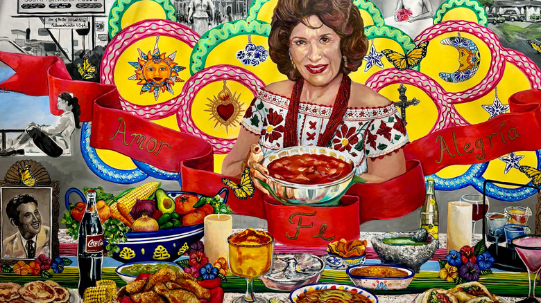 A colorful mural at the entrance of Los Barrios restaurant in San Antonio, Texas