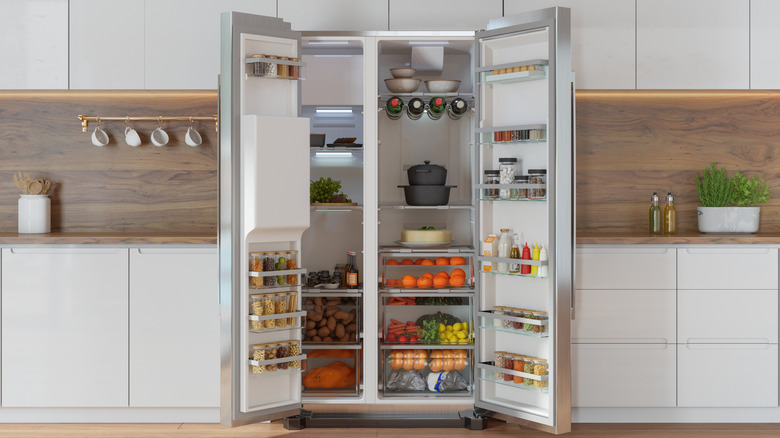 A new French door-style fridge with both doors open
