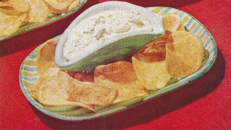 An image of clam dip and potato chips from a 1980s "Philly Dip Party Handbook"