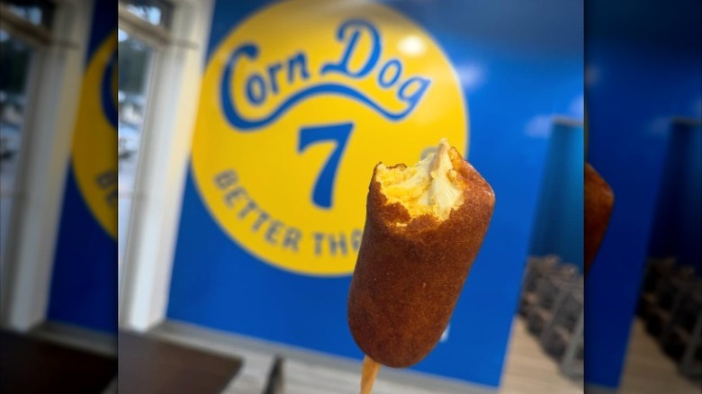 A corn dog eaten at a Corn Dog 7 location.