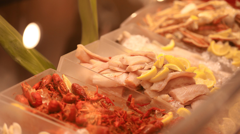 Seafood portion of a Las Vegas buffet, with ready-to-cook seafood
