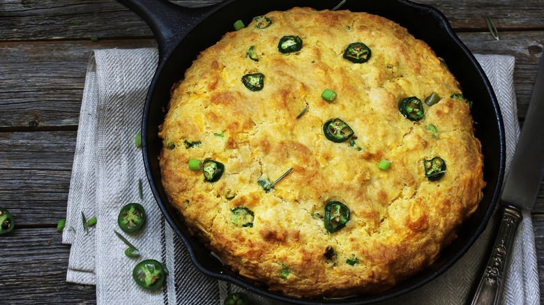 Jalapeño cornbread in cast iron skillet