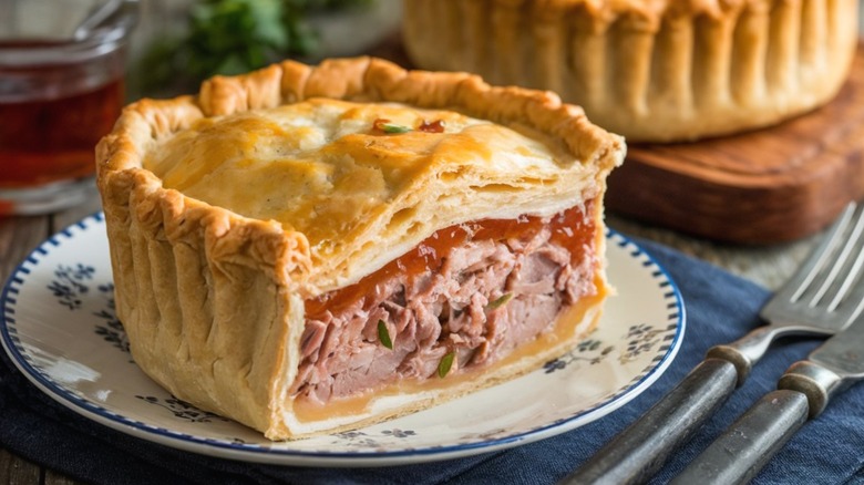 A traditional British pork pie with a golden crust on a plate with silverware