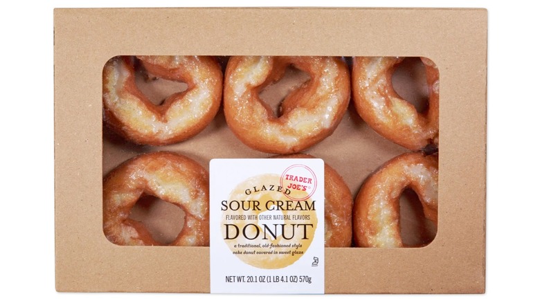 Cardboard box of six Trader Joe's old-fashioned glazed sour cream donuts