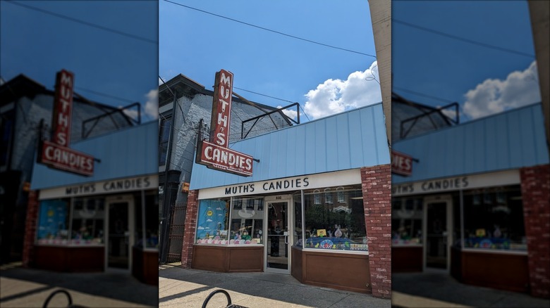 Muth's Candies exterior against a blue sky