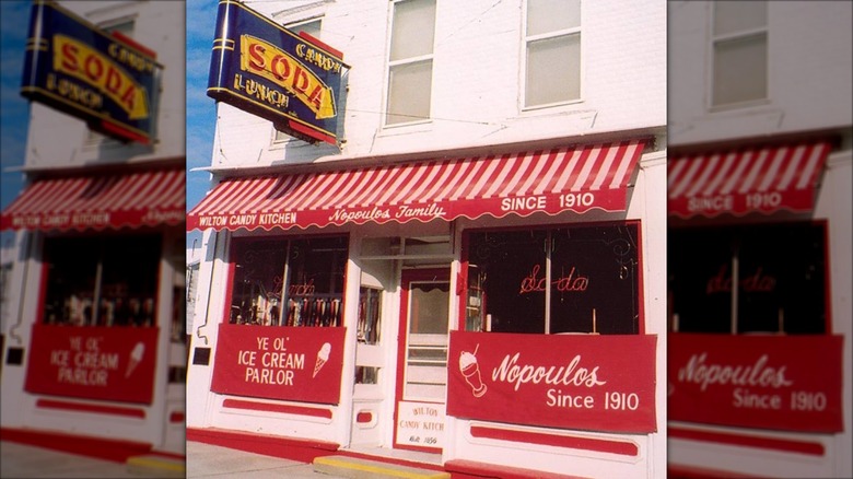 Wilton Candy Kitchen exterior with iconic red and white striped awning