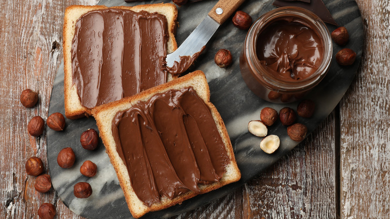 Top view of toast with hazelnut spread