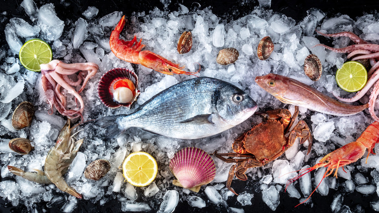 A variety of fresh seafood displayed on ice