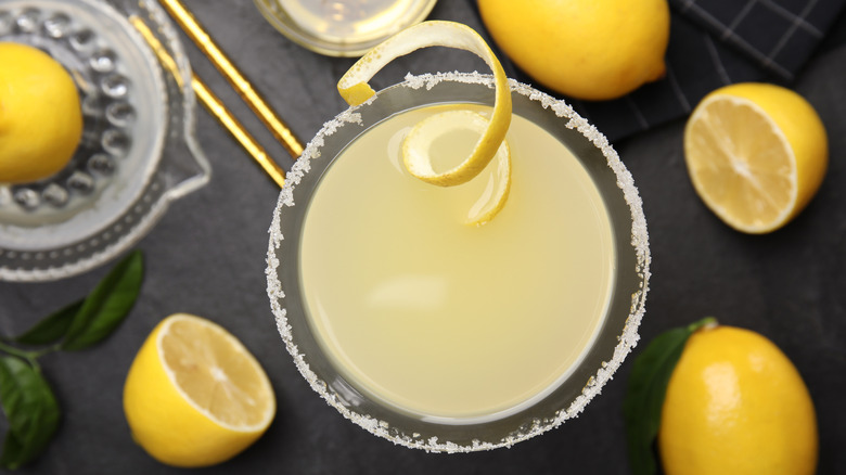 A top-down view of a lemon drop cocktail.